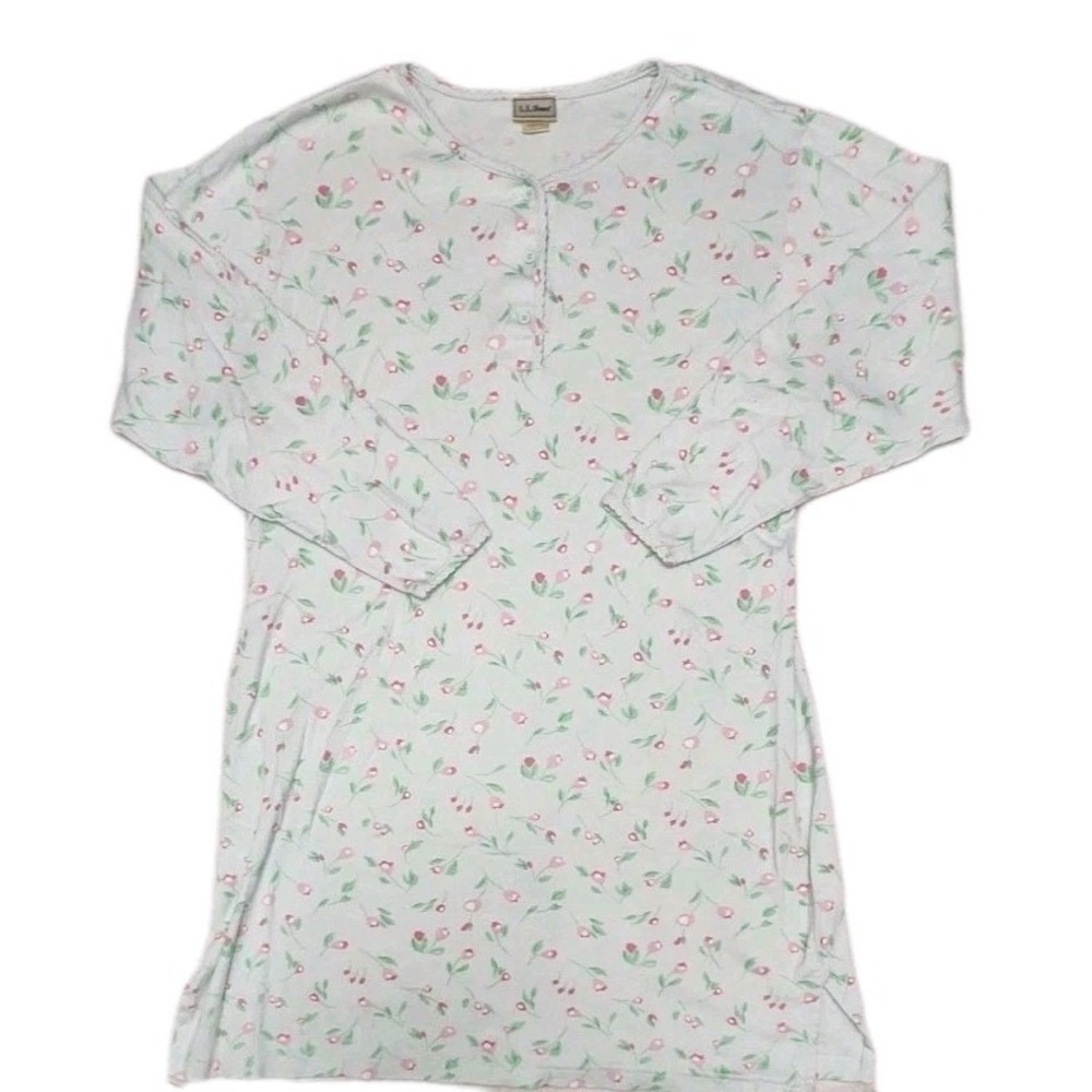 L.L. Bean Vintage Cotton Henley Nightgown Large Floral Pink Cream Long Sleeve